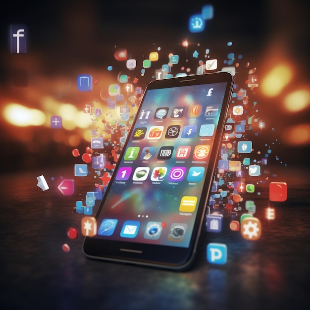 Fotografía de iconos y logotipos de redes sociales en el fondo de la pantalla del teléfono móvil para el marketing social