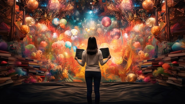 Una fotografía impactante de una persona sosteniendo un libro abierto contra un mural vibrante