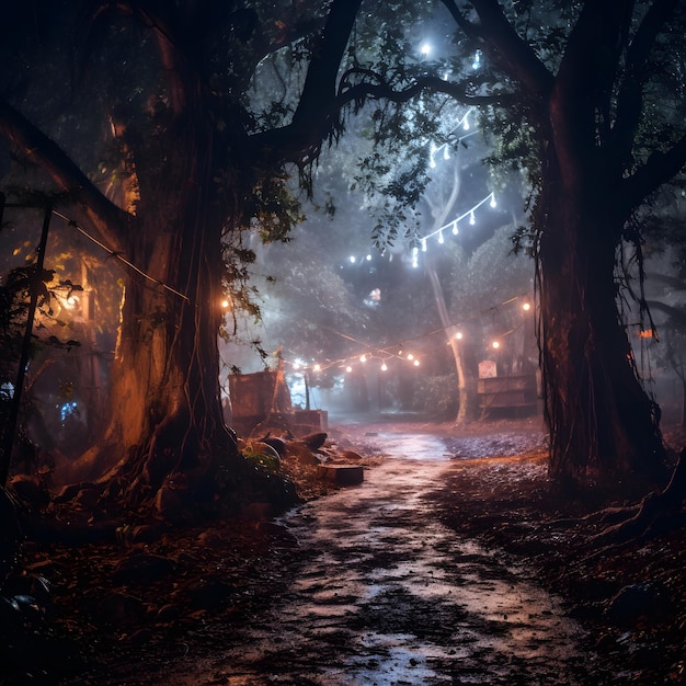 Una fotografía impresionante de un bosque encantado con temática de Halloween y árboles densos con una iluminación espeluznante.
