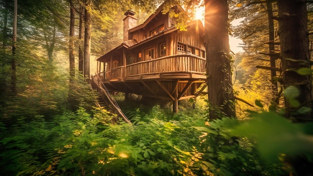 Una fotografía impresionante de una cabaña en la casa del árbol diseñada por expertos ubicada dentro del dosel verde de un bosque aislado