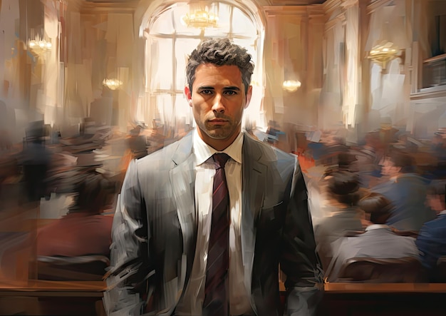 Una fotografía impresionista de un abogado capturado en una sala de audiencias rodeado de figuras borrosas y