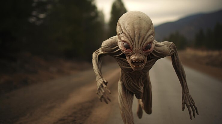 Foto fotografia impressionante de 8k de uma criatura alienígena a caminhar pela estrada.