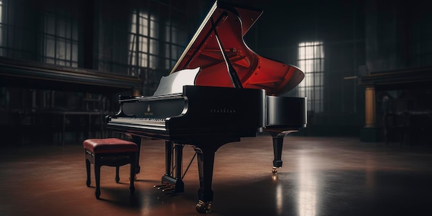 Fotografia incrível de um instrumento de piano de cauda em um quarto escuro gerado por IA