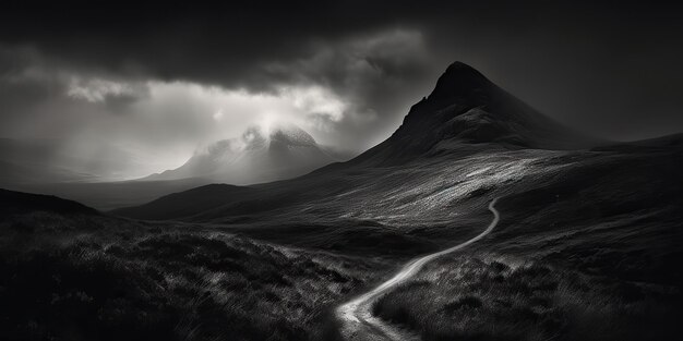 Fotografia incrível em preto e branco de belas montanhas e colinas com céus escuros