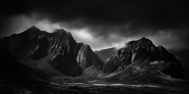 Fotografia incrível em preto e branco de belas montanhas e colinas com céus escuros