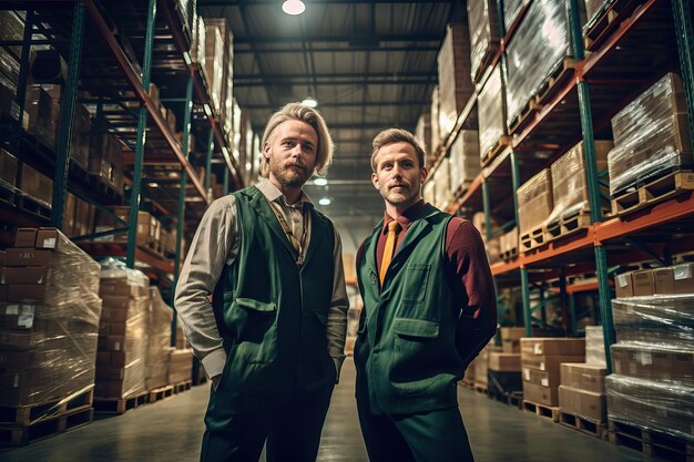 Fotografía industrial de un almacén logístico En primer plano se empacan varias cajas de cartón En el fondo en efecto bokeh se pueden ver trabajadores organizando los paquetes Imagen creada con IA