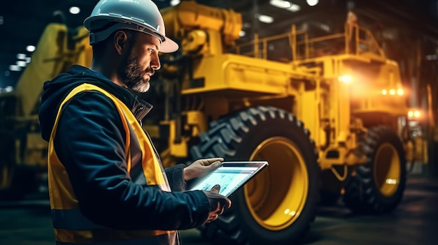 Fotografía de un ingeniero con tableta trabajando en máquinas pesadas de construcción en una planta industrial