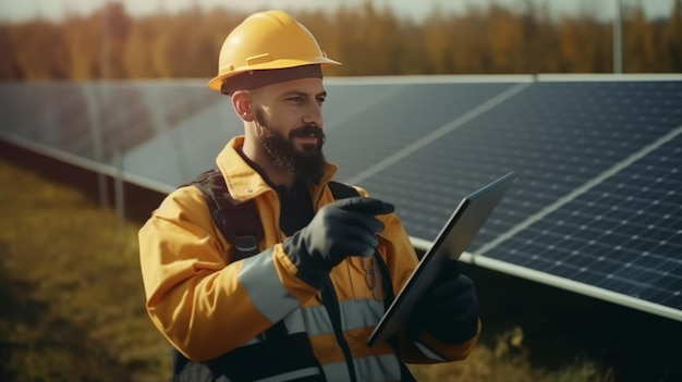 Fotografía de un ingeniero en uniforme sosteniendo una granja de células solares de control de tableta