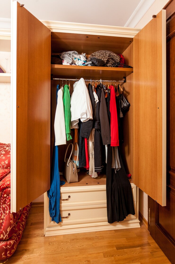 Foto fotografía interior de armario con ropa en perchas