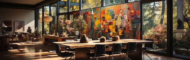 Fotografía interior de un comedor de una casa moderna con arte en la pared