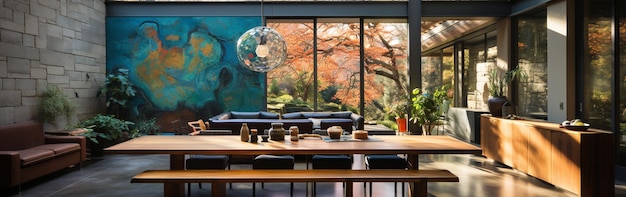 Fotografia interior de uma sala de jantar de casa moderna com arte na parede