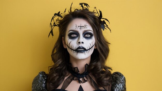 Foto fotografía interior de una modelo femenina con rostro artísticamente diseñado usa maquillaje de terror profesional para hallow