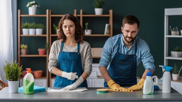 Foto fotografía interior de una mujer y un hombre descontentos que usan detergentes químicos y cepillos para limpiar la habitación.