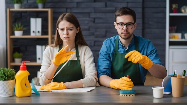 Foto fotografía interior de una mujer y un hombre descontentos que usan detergentes químicos y cepillos para limpiar la habitación.