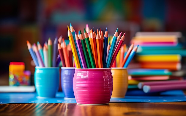 Fotografía de interiores en primer plano que captura artículos escolares sobre una mesa IA generativa