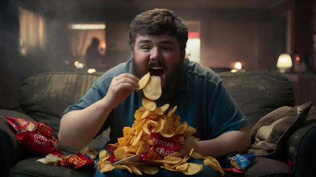 Foto fotografia interna de um jovem barbudo com excesso de peso prestes a comer um monte de batatas fritas