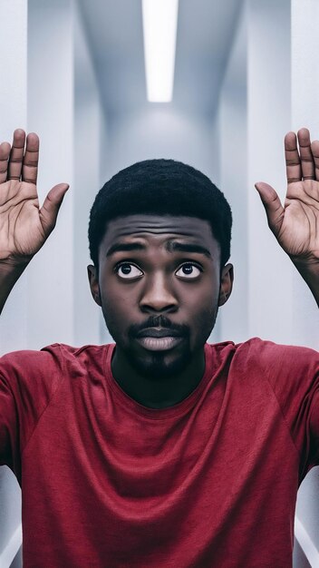 Fotografia interna de um jovem confuso e bonito com barba escura que se sente hesitante e levanta o amigo.