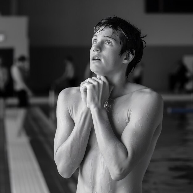 Foto fotografia interna de um nadador masculino inexperiente pensativo com o queixo focado para cima
