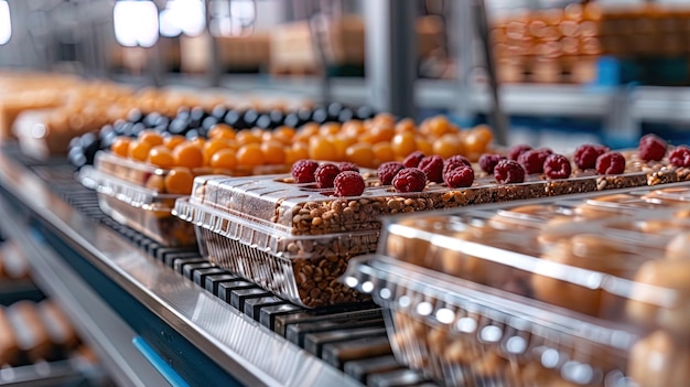 Foto fotografia íntima capturando a embalagem precisa de itens alimentares no destaque da linha de produção