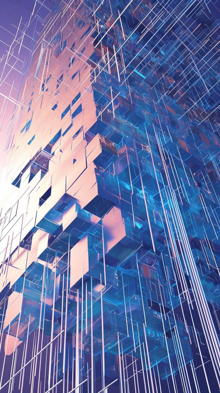 Fotografía intrigante renderización 3D fusiona elementos de espacio de cubo y cuadrícula papel de pared móvil vertical
