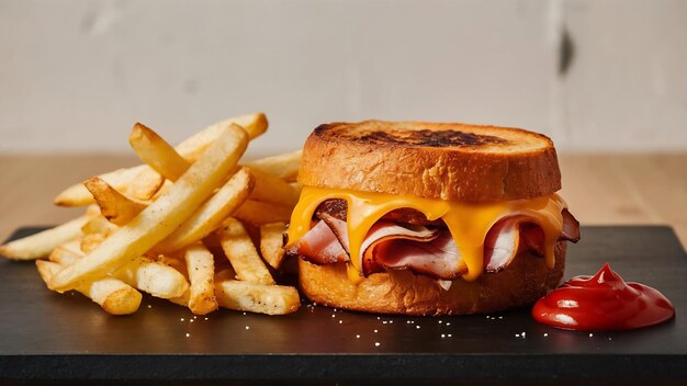 Fotografia isolada de croque monsieur com batatas fritas perfeita para um blog de comida ou uso de menu