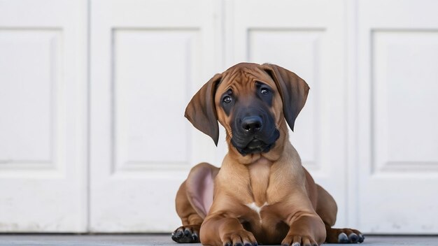 Foto fotografia isolada de um cachorrinho de rhodesian ridgeback sentado em frente a uma parede branca