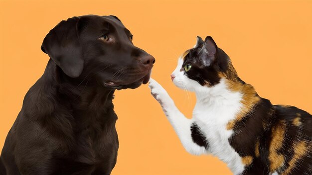Fotografia isolada de um gato calico tocando um cão labrador retriever de chocolate com o nariz