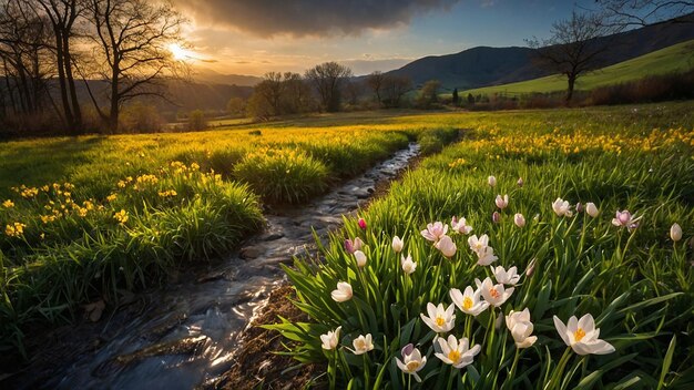 Fotografía de un jardín con vista al atardecer