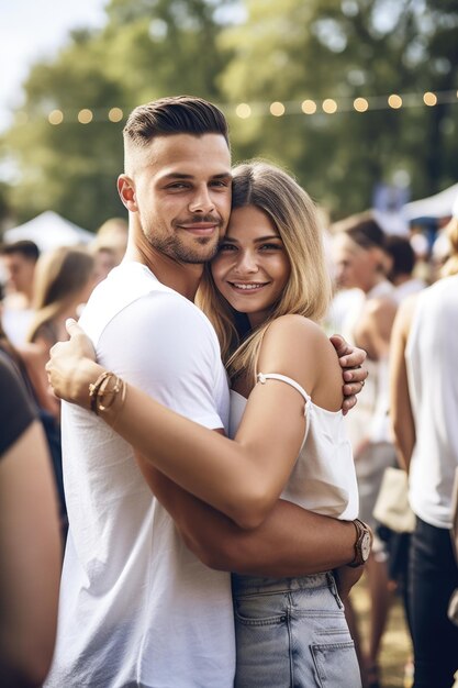 Fotografía de un joven abrazando a su novia en un evento al aire libre creado con IA generativa