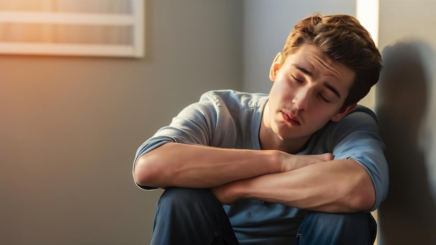 Fotografía de un joven agotado con una camisa azul casual