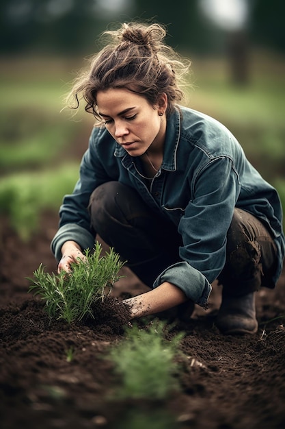 Foto fotografía de una joven agricultora plantando plántulas en su granja creada con ia generativa