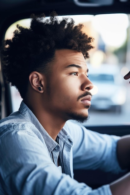 Fotografía de un joven con aspecto estresado mientras conduce su autobús creada con IA generativa