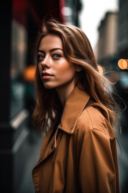 Fotografía de una joven atractiva caminando por la ciudad.