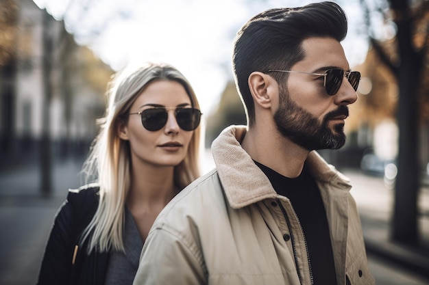 Fotografía de una joven caminando con su marido creada con IA generativa