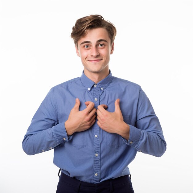 Fotografía de un joven con una camisa azul que muestra un corazón con sus manos