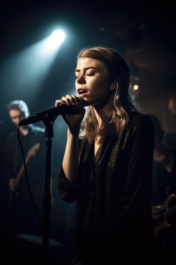 Fotografía de una joven cantante en el escenario con su banda