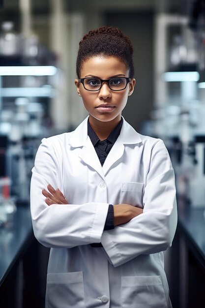 Fotografía de una joven científica de pie con los brazos cruzados en un laboratorio