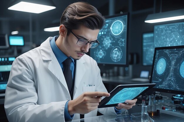 Fotografía de un joven científico usando una tableta digital en su laboratorio creada con IA generativa