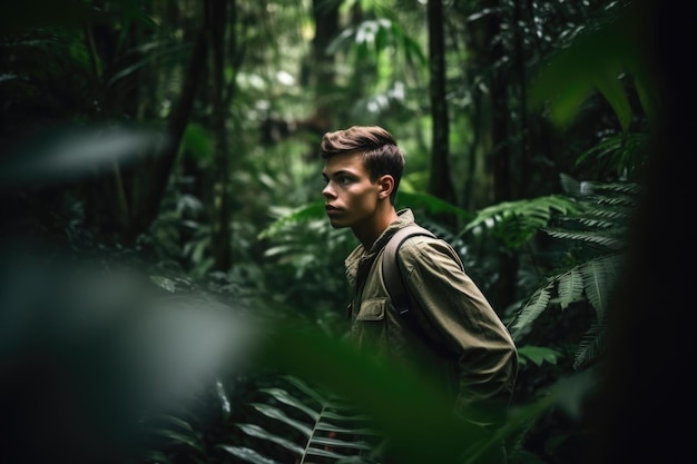 Foto fotografía de un joven dando un paseo por la selva