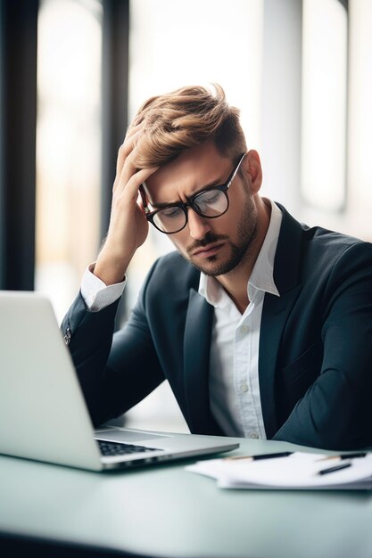 Fotografía de un joven empresario que parece estresado mientras trabaja en una computadora portátil en una oficina