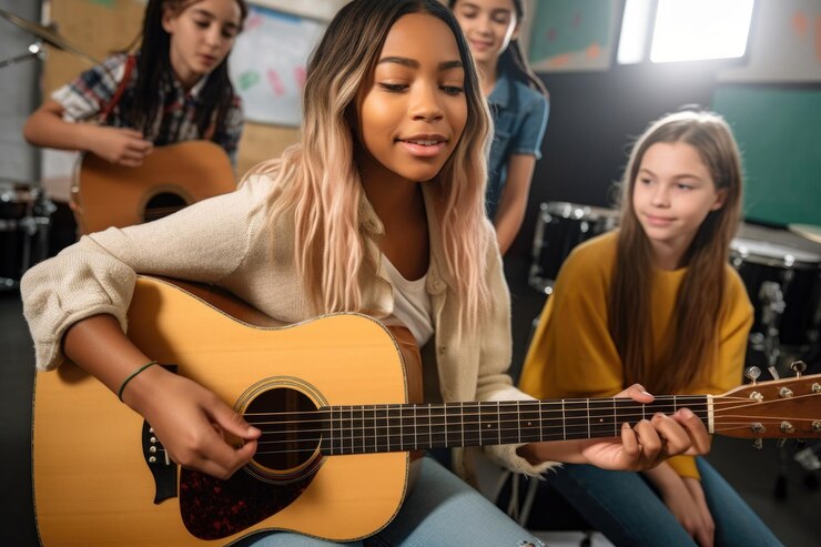 Fotografía de una joven enseñando a sus estudiantes los fundamentos de la música creada con IA generativa