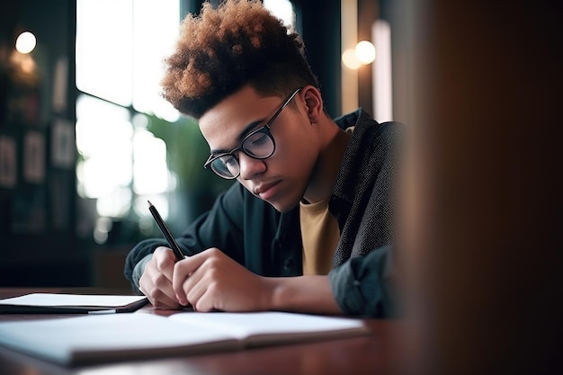 Fotografía de un joven estudiante trabajando duro creada con IA generativa