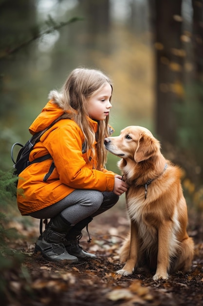 Fotografía de una joven explorando el aire libre con su perro