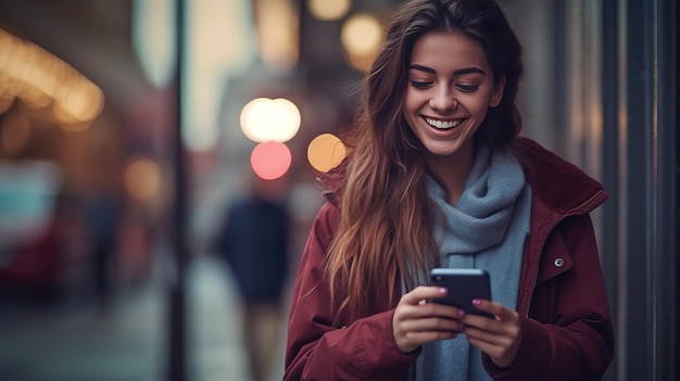 fotografía de una joven feliz con un teléfono inteligente en la calle de la ciudad