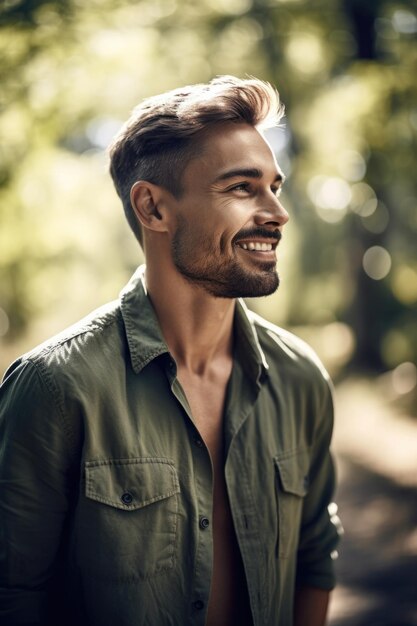 Fotografía de un joven guapo disfrutando de su día al aire libre