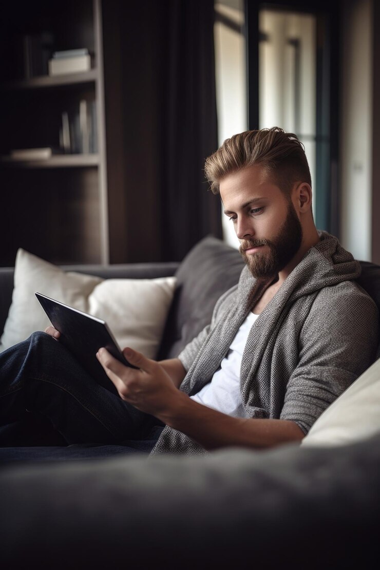 fotografía de un joven guapo relajándose en el sofá y usando su tableta digital en casa creada con IA generativa