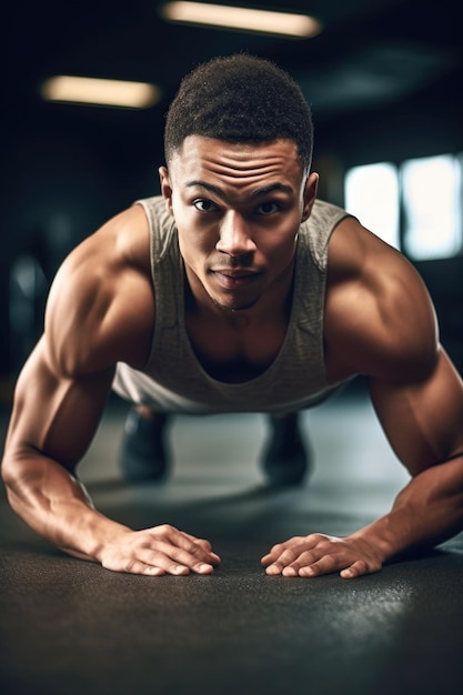 Fotografía de un joven haciendo flexiones durante su entrenamiento en el gimnasio creada con IA generativa