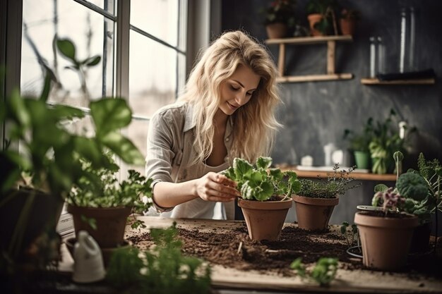 Fotografía de una joven jardinería en el interior creada con IA generativa