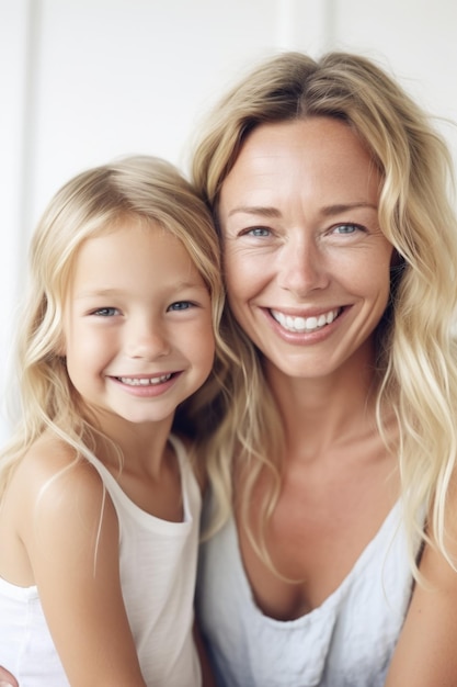 Fotografía de una joven madre e hija sonriendo juntos a la cámara