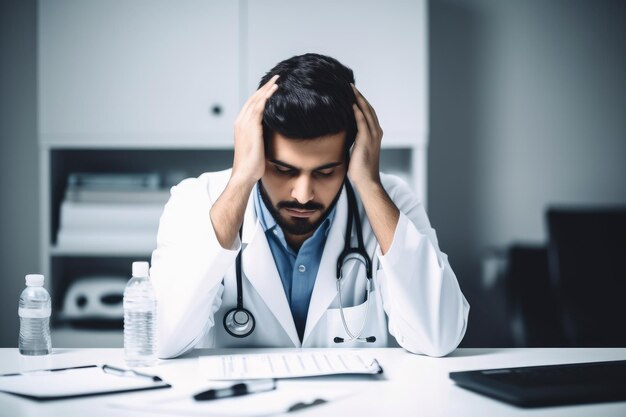 Fotografía de un joven médico con dolor de cabeza en su escritorio